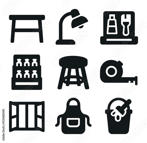 Painting Workspace Icons. Solid, filled icons set of painting workspace setup: workbench, overhead lamp, tool