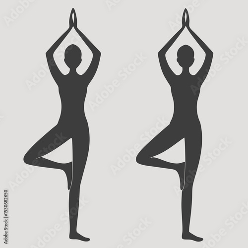 Two women practicing tree pose yoga silhouette