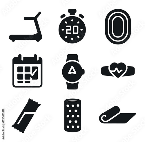 Training Gear Icons. Solid, filled icons set of training for long-distance events: treadmill, interval timer,