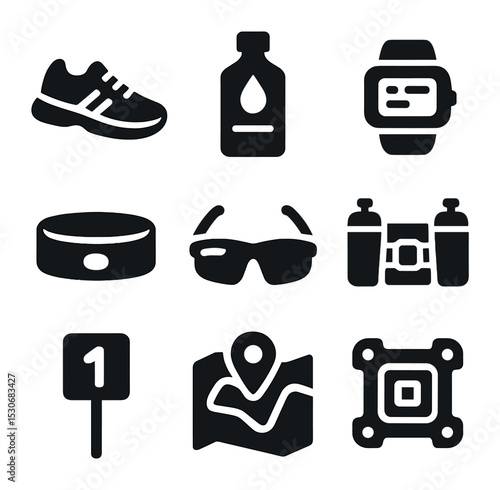 Endurance Race Essentials. Solid, filled icons set of endurance race essentials: running shoes, energy gel