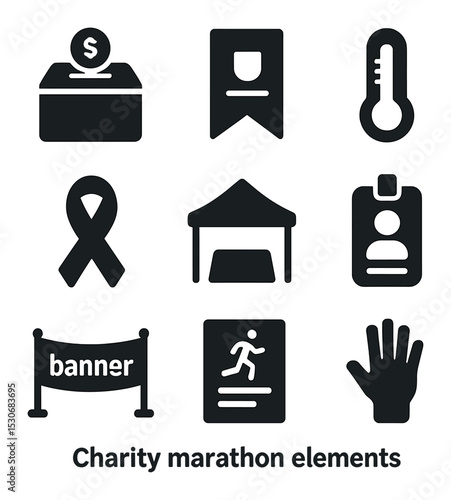 Charity Marathon Icons. Solid, filled icons set of charity marathon elements: donation box, sponsor logo,