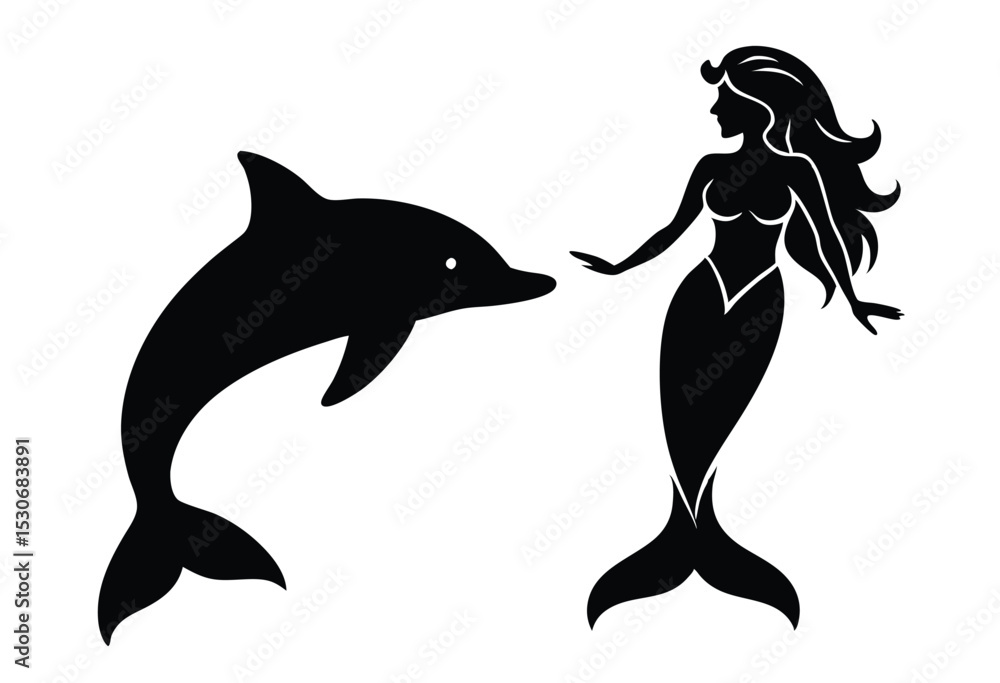 Obraz premium Dolphin and Mermaid Silhouette Vector Illustration for Sea Theme Design, Fantasy Ocean Artwork