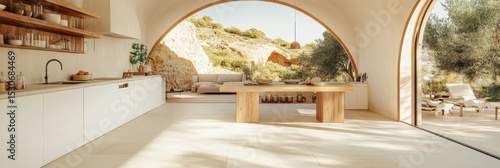 Bright, sunlit minimalist kitchen with white cabinets and wooden countertops opens to a scenic outdoor patio with arched doorways, overlooking a Mediterranean style landscape. 