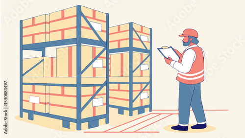 Man in safety vest with clipboard inspecting stacked boxes on shelves in a warehouse setting scene view