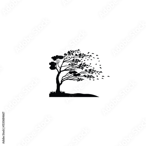 A tree swaying in the wind under a dramatic sky silhouette on white background