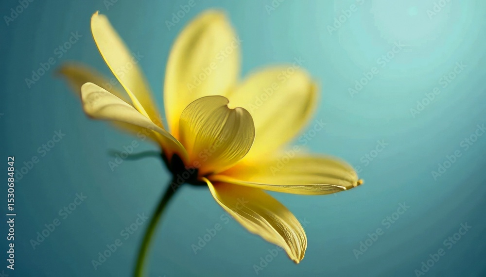 Obraz premium Elegant yellow flower with delicate petals captured in soft focus against a blue background