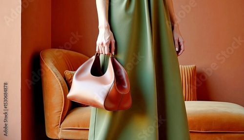 Fashionable woman holding brown leather handbag while wearing elegant green dress in stylish interior