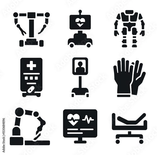 Medical Robot Icons. Solid, filled icons set of medical robotic assistants: surgical robot, patient monitoring