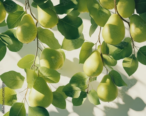 Close up view of ripe green pears hanging from a branch with vibrant green leaves, illuminated by sunlight casting shadows on a light background. The pears and leaves have a subtle sparkle effect.