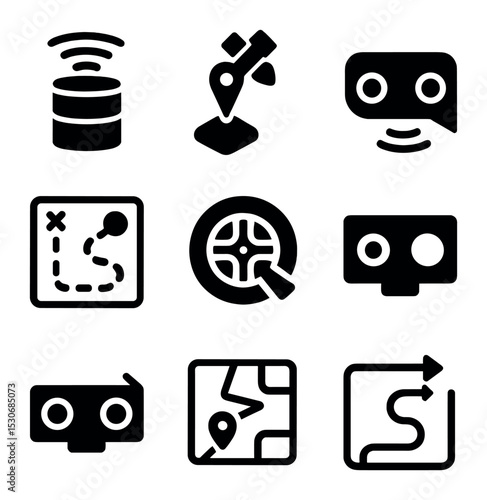 Robotic Navigation Icons. Solid, filled icons set of robotic navigation systems: lidar scanner, GPS module,
