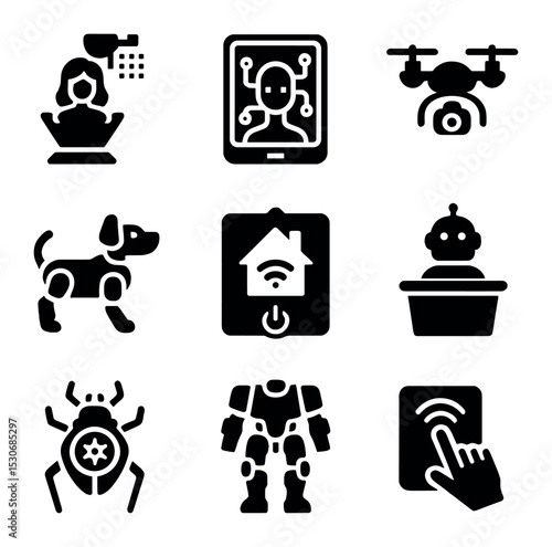 Futuristic Robotic Icons Set. Solid, filled icons set of futuristic robotic assistants: holographic display,