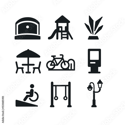 Public Space Icons. Solid, filled icons set of public space revitalization: amphitheater stage, playground,