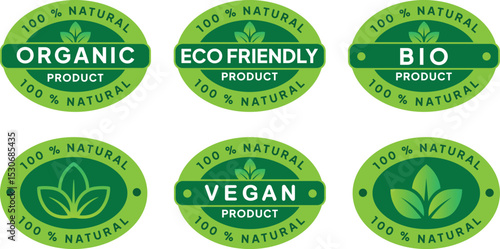 Natural Product Label Set. Eco Stamps for Organic, Vegetarian, and Sustainable Food
