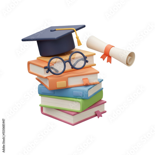 3D illustration of a graduation cap, glasses, and stacked books symbolizing education, success, and academic achievement, isolated on a transparent background, png, cutout.