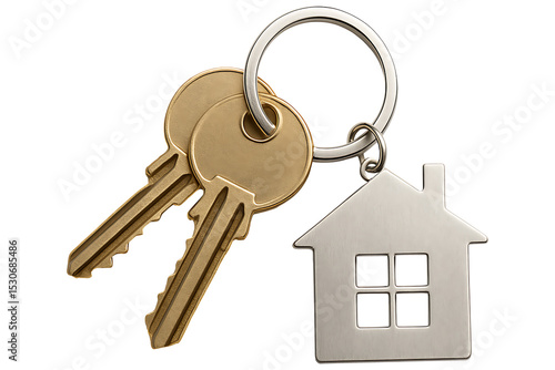 House keys with home-shaped keychain isolated on transparent background