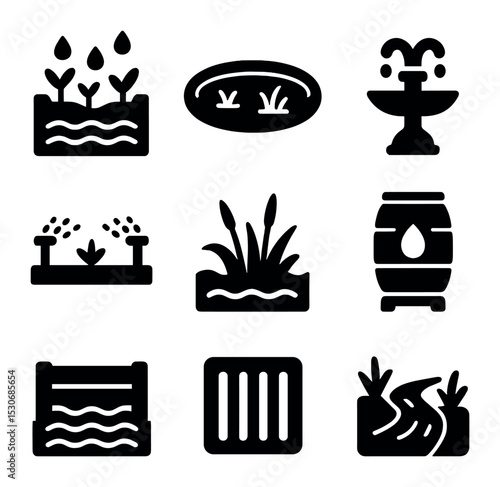Urban Water Management Icons. Solid, filled icons set of urban water management: bioswale, retention pond,