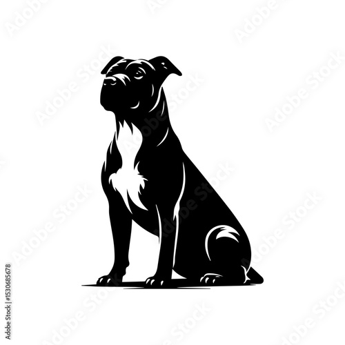 Strong pitbull silhouette logo with attentive upright posture and uplifted gaze in bold monochrome vector illustration