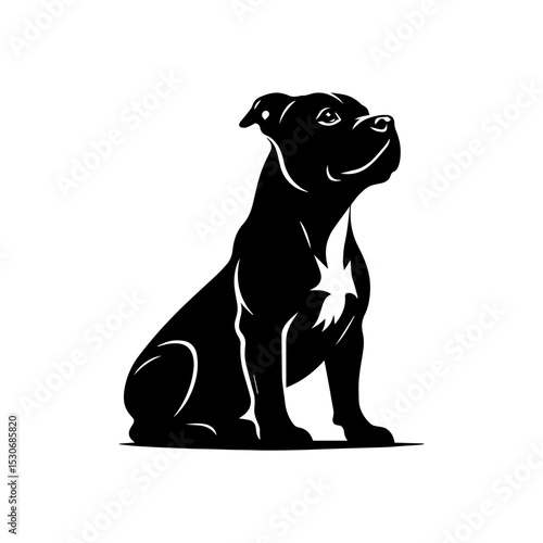 Strong pitbull silhouette logo with attentive upright posture and uplifted gaze in bold monochrome vector illustration