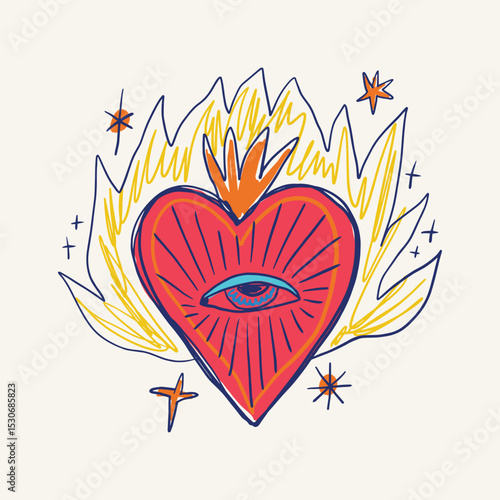 Sacred heart mystical boho hand drawn sketchy style handmade illustration. Trendy bohemian vintage love symbol element in catholic aesthetic Valentines day clipart print