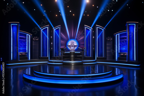 A game show with blue and white lights, a dark background, and a stage with a large podium in front.