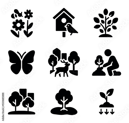 Ecological Restoration Icons. Solid, filled icons set of ecological restoration in cities: pollinator garden,