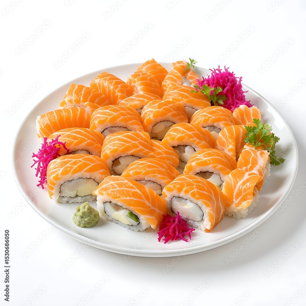 Delicious Salmon Sushi Rolls on a Black Plate Delicious Salmon Sushi Rolls on a Black Plate