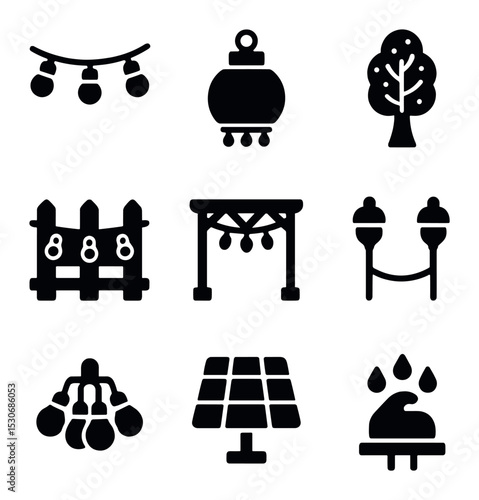 Outdoor Lighting Icons. Solid, filled icons set of outdoor fairy light decorations: garden string, patio