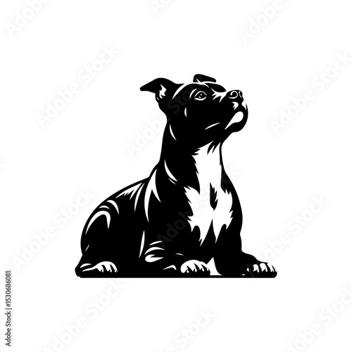 Strong pitbull silhouette logo with attentive upright posture and uplifted gaze in bold monochrome vector illustration