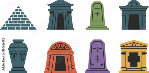 Vector illustration of ancient tombs and mausoleums for graveyard and burial site design set collection editable stock vector illustration