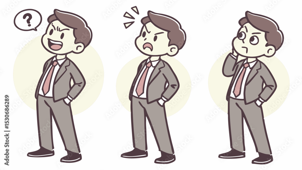 Three cartoon businessmen showing different emotions like questioning angry and thinking in formal attire Three cartoon businessmen showing different emotions like questioning angry and thinking in formal attire