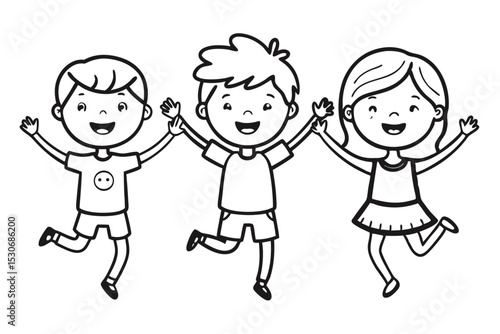 Joyful children jumping with raised hands illustration isolated on transparent background