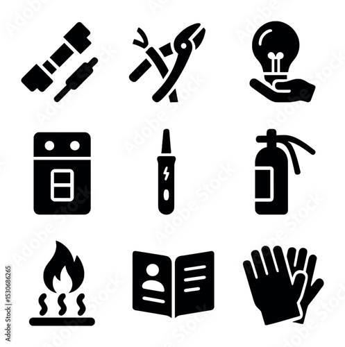 Safety Icons Grid. Solid, filled icons set of safety and maintenance: fuse replacement, wire insulation, bulb