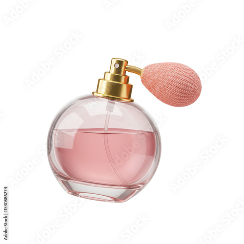 Stylish 3D rendering of a pink glass perfume bottle with a classic atomizer bulb, symbolizing elegance and beauty, isolated on a transparent background, png, cutout.