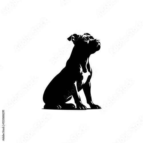 Noble pitbull dog sitting attentively with an uplifted gaze, rendered in a striking black and white silhouette with subtle highlights. Animal concept