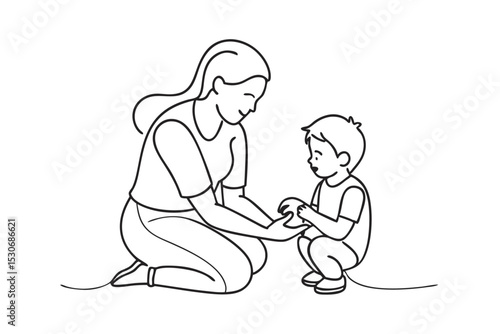 Happy mother and child continuous line drawing isolated on transparent background