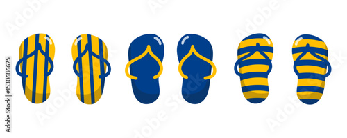 Colorful beach flip flops in summer design. Vector illustration of three pairs of vibrant flip flops in yellow and blue, perfect for summer, beach, or travel themes.
