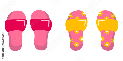 Cute women’s summer slides in bright colors. Flat vector image of brown summer sandals featuring white double straps and metal buckles, ideal for comfort, travel, or casual wear.
