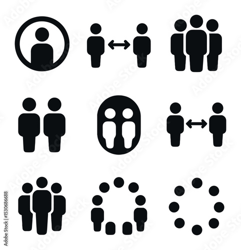Proxemics Icons Grid. Solid, filled icons set of proxemics and space: personal bubble, handshake distance,