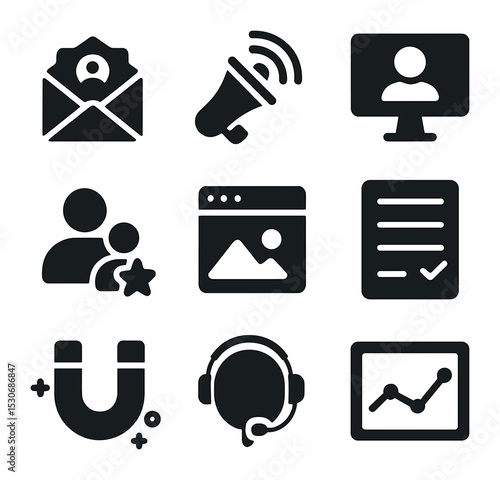Lead Generation Icons. Solid, filled icons set of lead generation techniques: email campaign, social media ads