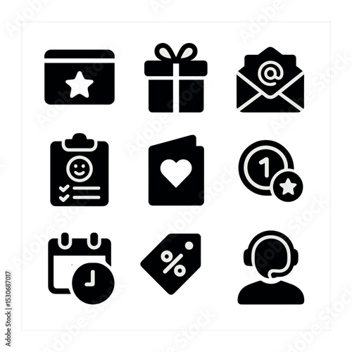 Customer Strategy Icons. Solid, filled icons set of customer retention strategies: loyalty program, birthday