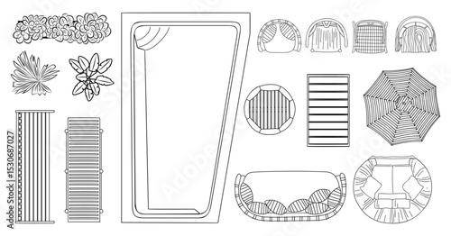 A drawing of a pool and patio with a variety of items including a chair, umbrella, and a bench. vector hand sketch style illustrations, landscape design icons isolated on transparent background