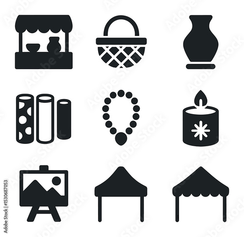 Handicraft Market Icons. Solid, filled icons set of handicraft markets: artisan stall, woven basket, handmade