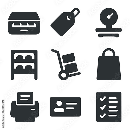 Market Tools Icons. Solid, filled icons set of market vendor tools: cash box, price tag, weighing scale,