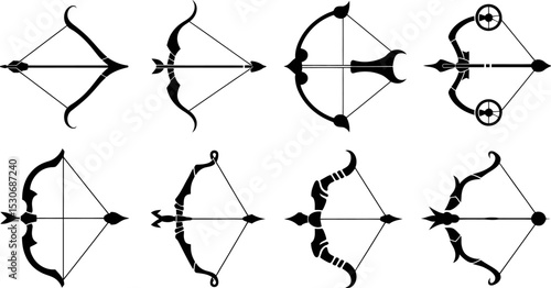 Bow and arrow vector set archery equipment illustration drawing silhouette design isolated black and white art editable stock vector illustration