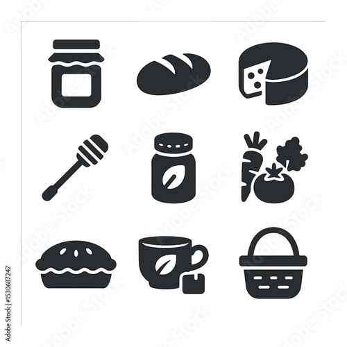Artisan Food Icons. Solid, filled icons set of artisan food stalls: homemade jam jar, bread loaf, cheese wheel