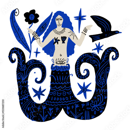 Two-tailed Melusine mermaid undine in blue greek Santorini island palette, seamaiden illustration, graphic design elements for surf or spa and yoga studio. Vector water nymph illustration clip-art