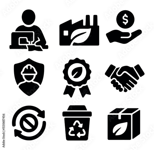 Ethical Clothing Icons. Solid, filled icons set of ethical clothing production: worker sewing, factory with