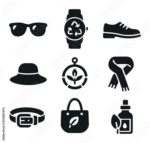 Sustainable Fashion Icons. Solid, filled icons set of sustainable fashion accessories: wooden sunglasses,