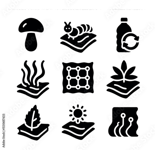 Sustainable Textiles Icons. Solid, filled icons set of innovative sustainable textiles: mushroom leather,