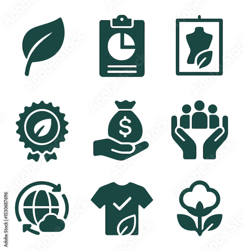 Sustainable Fashion Icons. Solid, filled icons set of fashion brand sustainability: green leaf logo, corporate